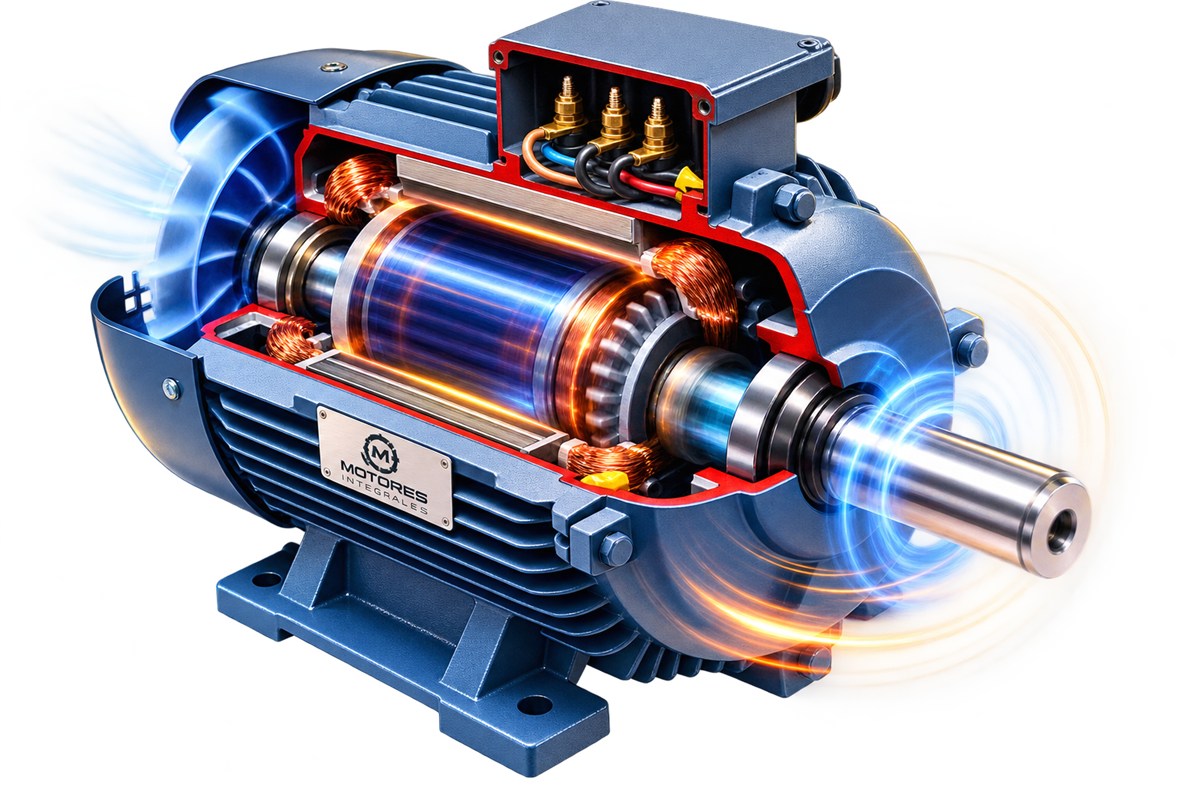 Motor eléctrico industrial en movimiento mostrando sus componentes internos